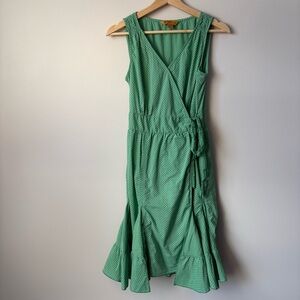 April Cornell Green/White Polka Dot Sleeveless Wrap Dress with Ruffle Hem-Small